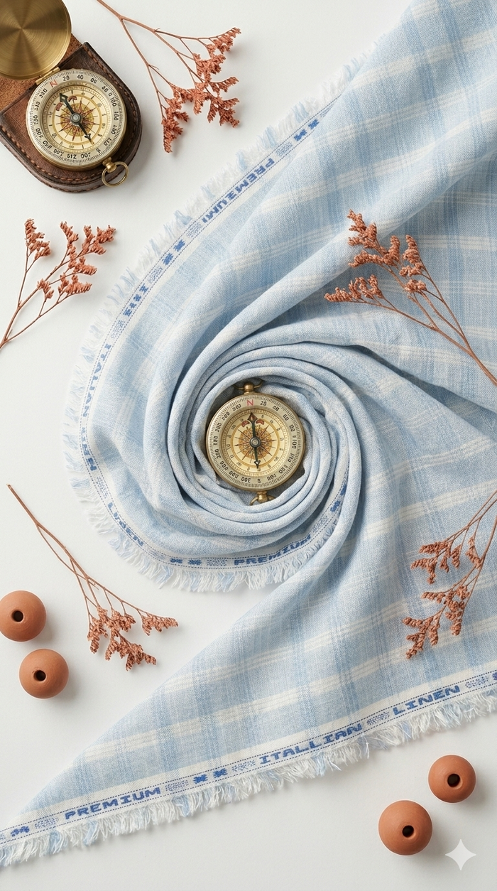 Blue with white  & Dark Blue Checks Cotton Linen Fabric