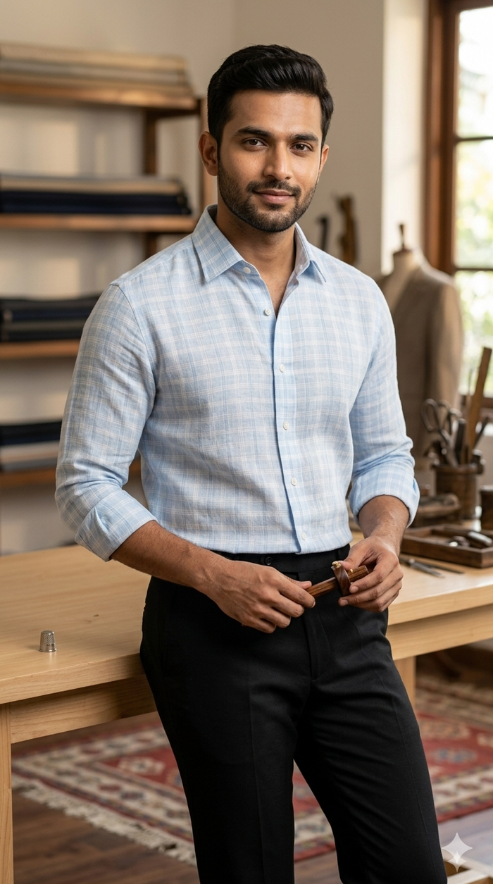 Blue with white  & Dark Blue Checks Cotton Linen Fabric