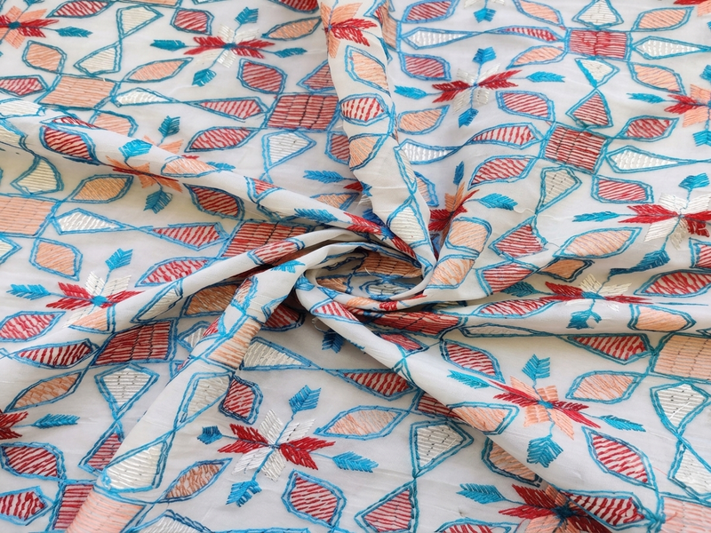 White Multicolour Floral Kantha Embroidered Chanderi Fabric