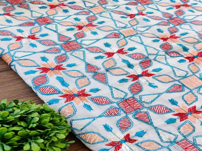 White Multicolour Floral Kantha Embroidered Chanderi Fabric