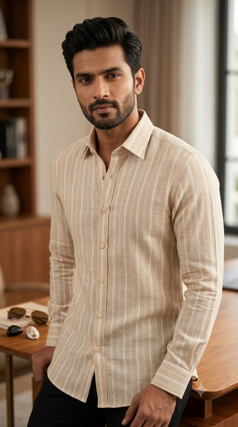 Premium Italian Linen-Cotton Blend – Classic Beige & Ivory Stripe Fabric 60 Lea