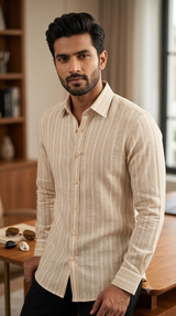 Premium Italian Linen-Cotton Blend – Classic Beige & Ivory Stripe Fabric 60 Lea