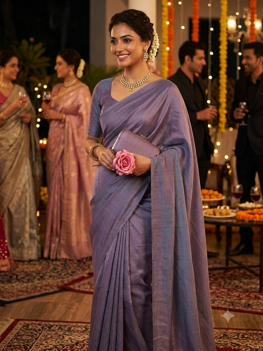 Luxe Two-Tone Mul Chanderi Silk Fabric – Ethereal Mauve & Grey(Big Width)