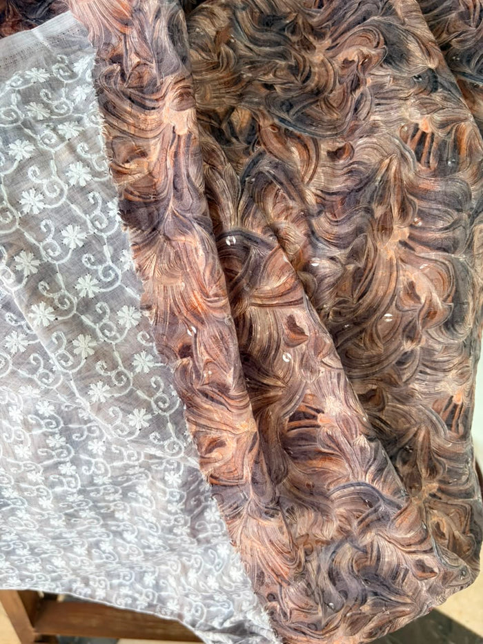 Artisan Swirl & Sequin Embellished Premium Digital Print & Chikankari Embroidered Fabric
