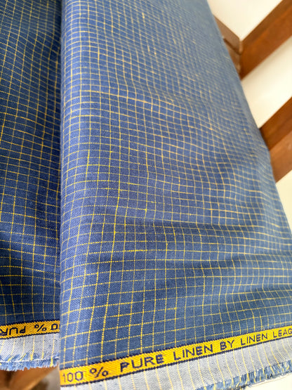 Royal Navy & Mustard Grid Check 100% Pure 60 Lea Linen Fabric - close-up of weave and texture