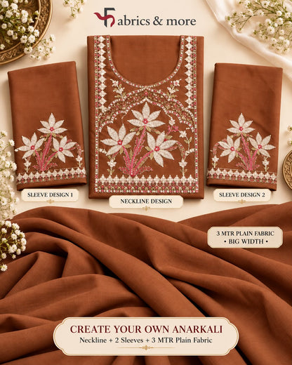 Rust Brown ,Create-Your-Own Anarkali Suit *Combo – Embroidered Neckline + 2 Sleeves + 3 Mtr Mul Chanderi (58")*