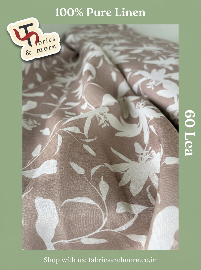 Premium Dusty Mauve Botanical Digital Print 100% Pure Linen Fabric, 60 Lea