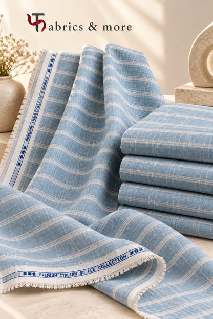 Cotton Linen 60 Lea Fabric – Dusty Blue & White Stripes