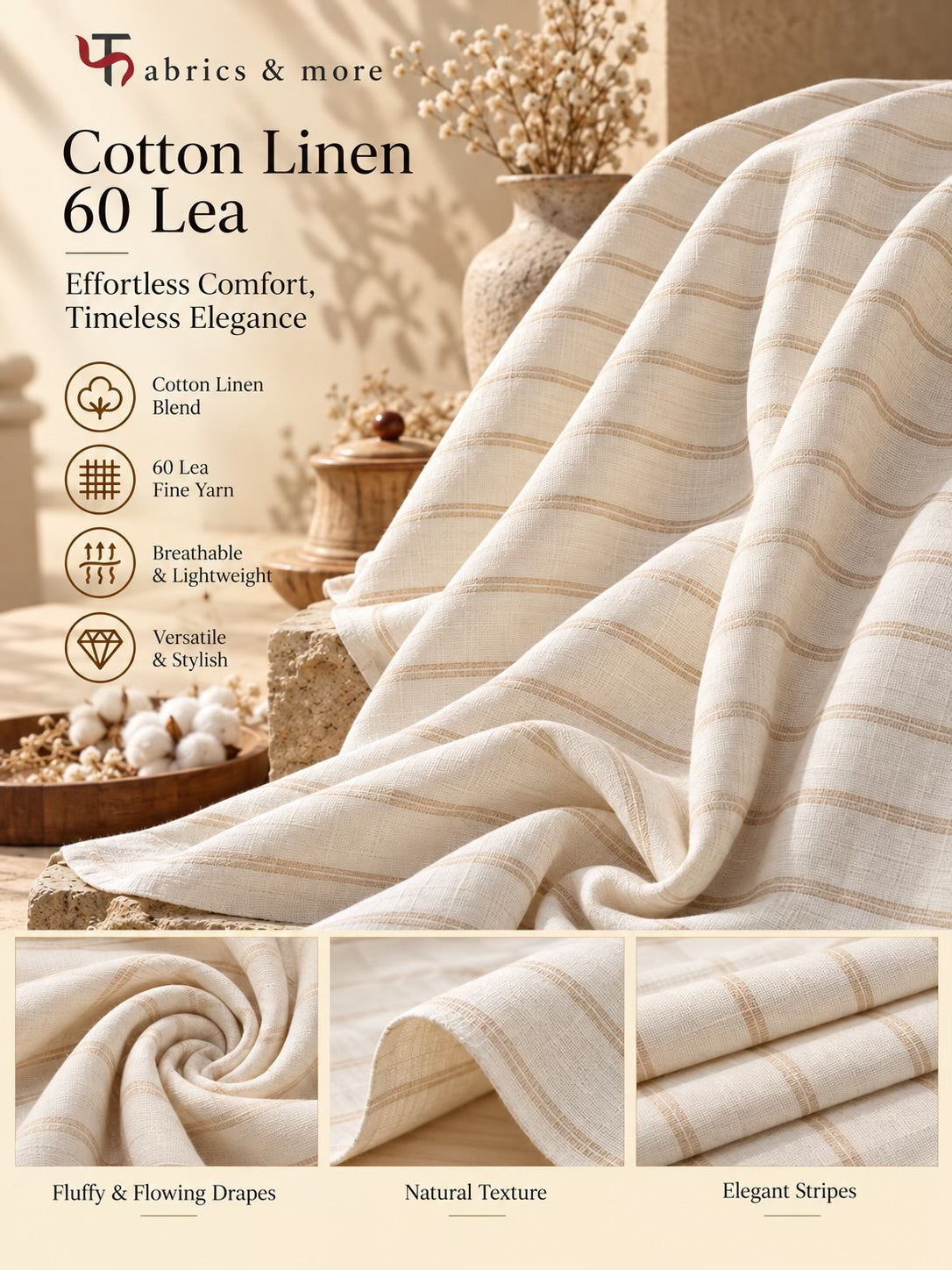 Premium Cotton Linen 60 Lea – Ivory Beige Stripes