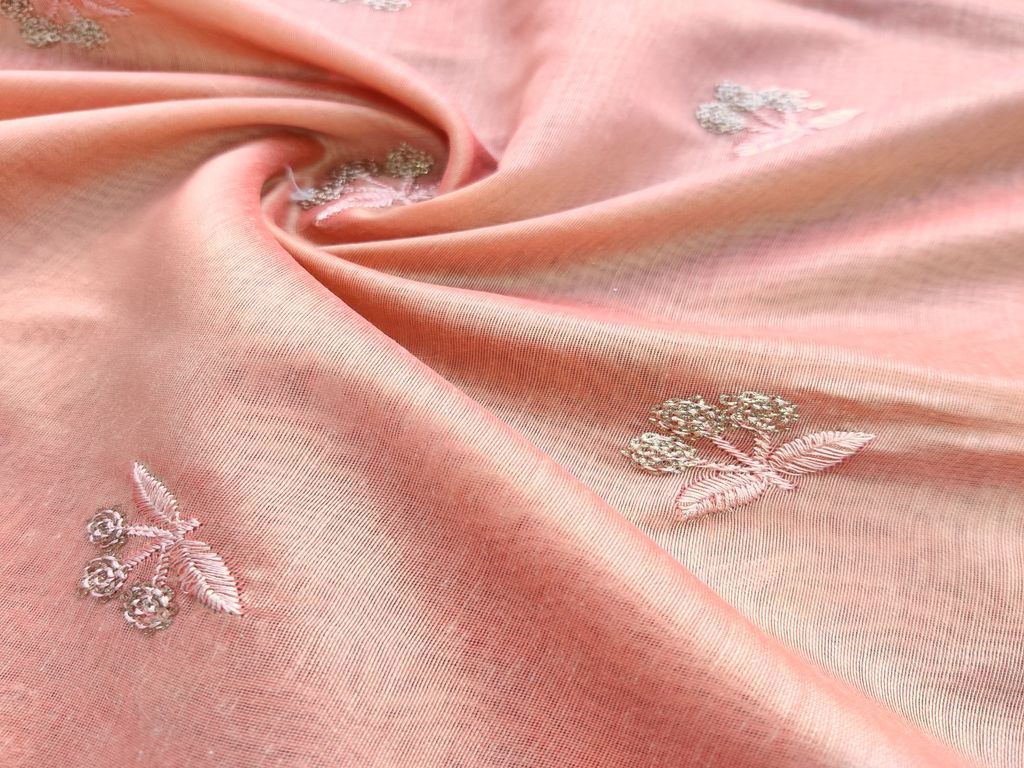 Peach Floral Motifs Embroidered Chanderi Fabric