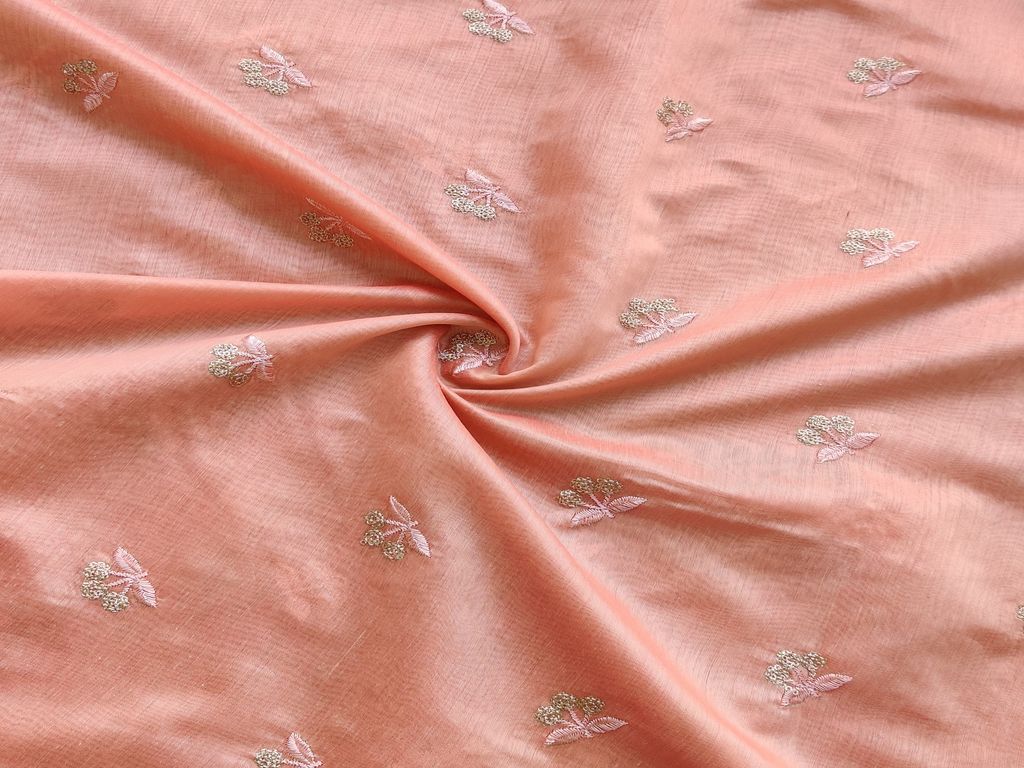 Peach Floral Motifs Embroidered Chanderi Fabric