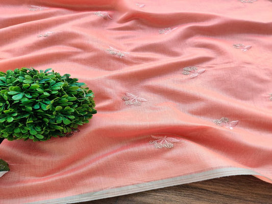 Peach Floral Motifs Embroidered Chanderi Fabric