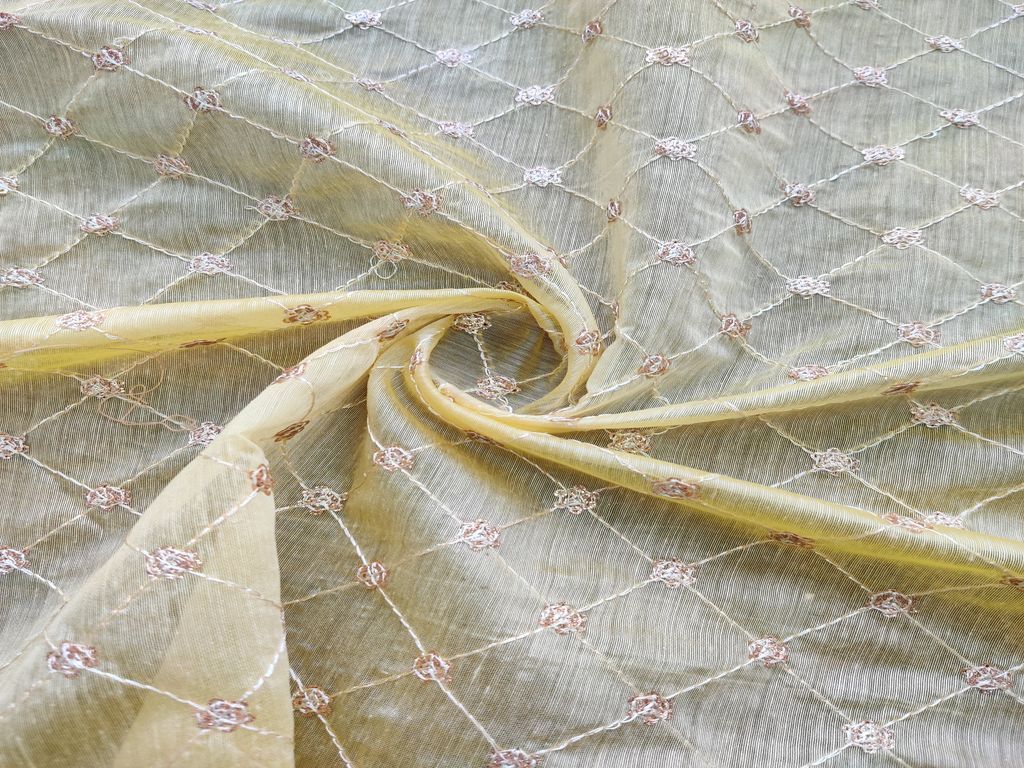 Yellow Floral Geometric Embroidered Chanderi Fabric