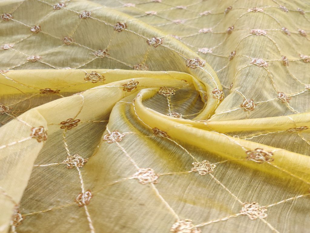 Yellow Floral Geometric Embroidered Chanderi Fabric