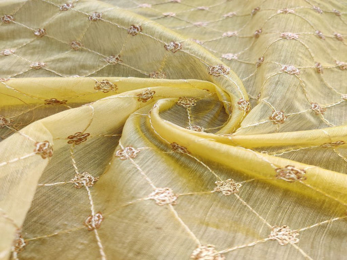 Yellow Floral Geometric Embroidered Chanderi Fabric