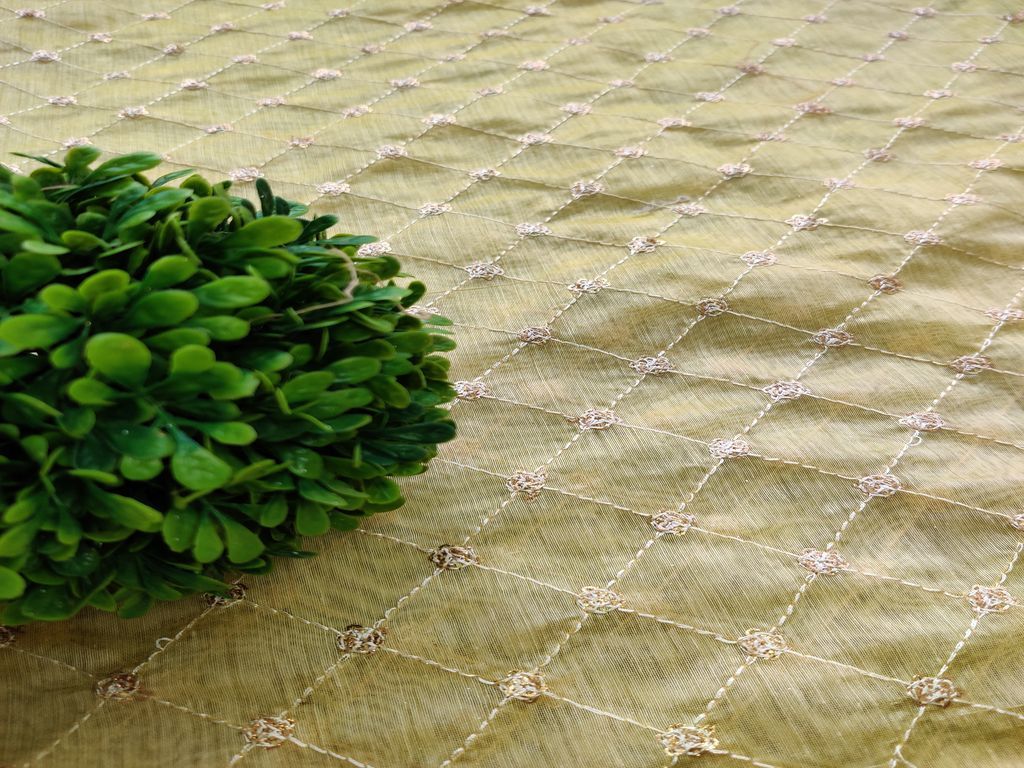 Yellow Floral Geometric Embroidered Chanderi Fabric