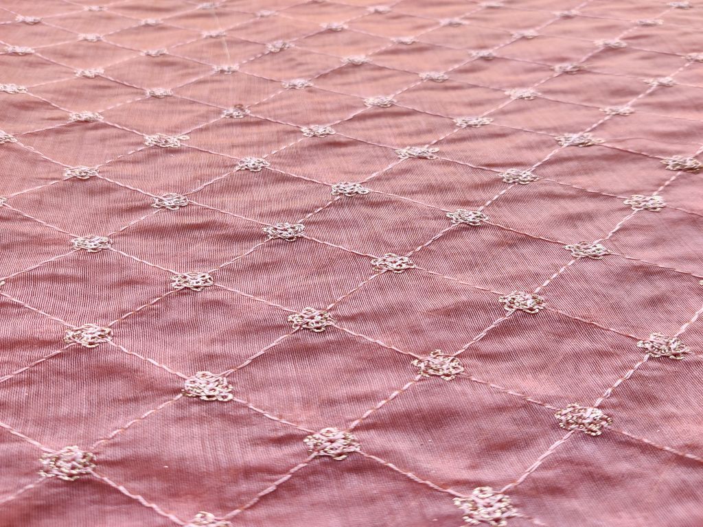 Peach Geometric Sequins and Thread Work Embroidered Chanderi Fabric