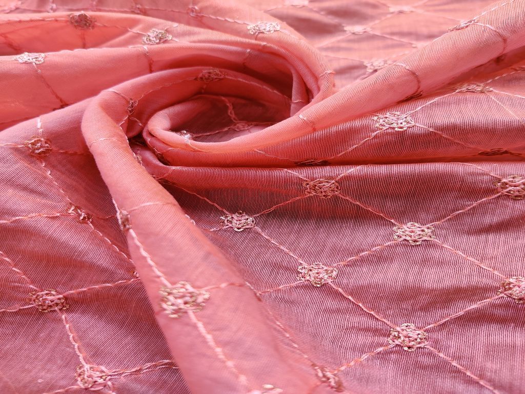 Peach Geometric Sequins and Thread Work Embroidered Chanderi Fabric