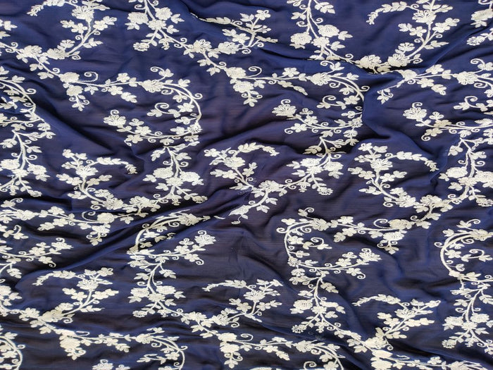 Navy Blue White Floral Chikankari Embroidered Georgette Fabric