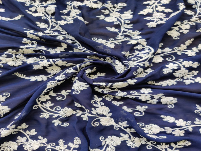 Navy Blue White Floral Chikankari Embroidered Georgette Fabric