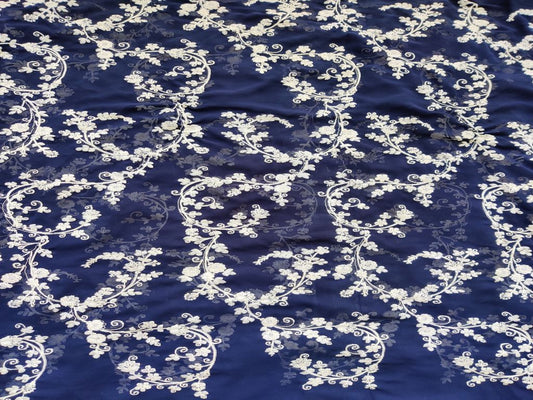 Navy Blue White Floral Chikankari Embroidered Georgette Fabric