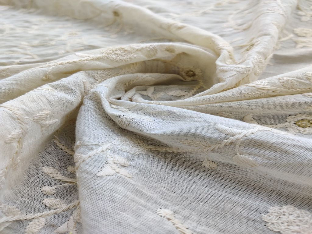 White Floral Chikankari Embroidered Dyeable Cotton Fabric