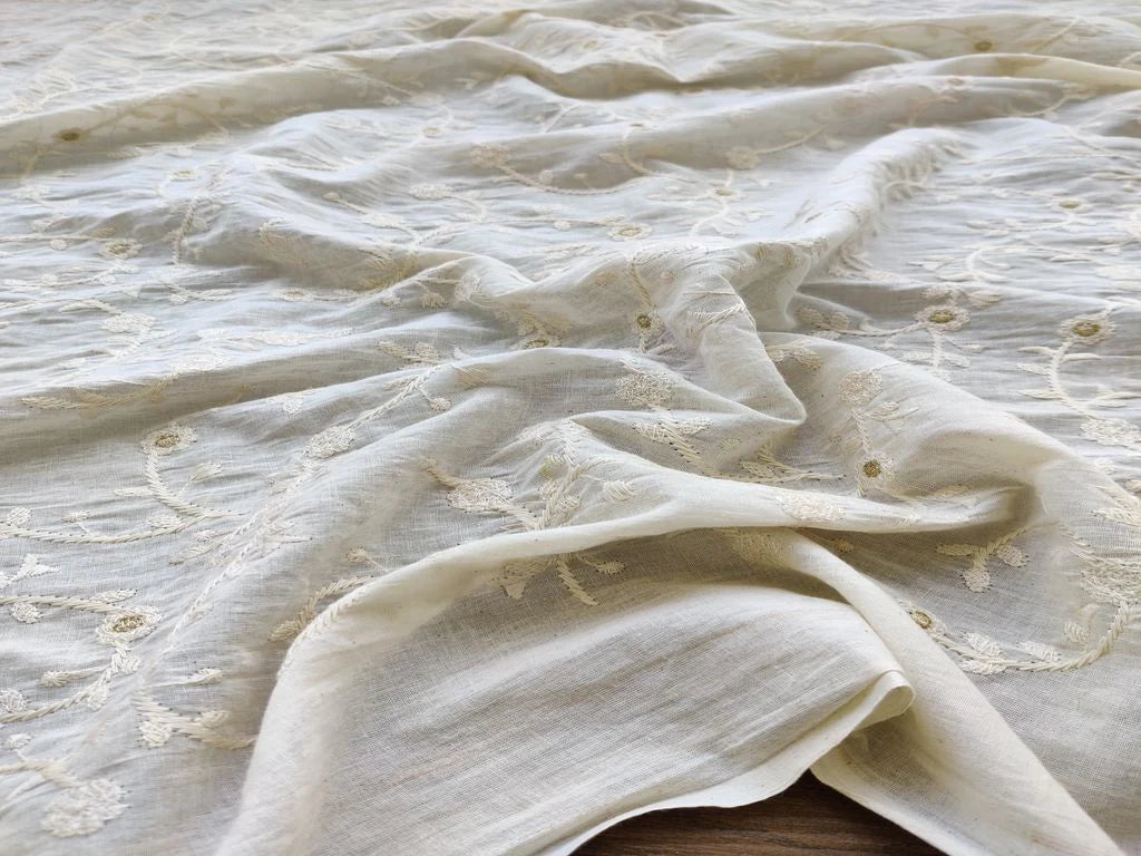 White Floral Chikankari Embroidered Dyeable Cotton Fabric