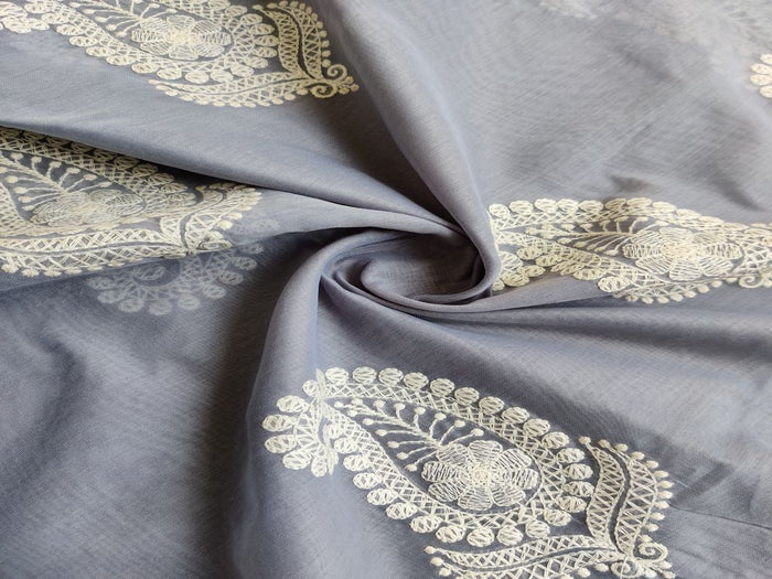 Gray White Paisleys Lakhnawi Embroidered Chanderi Fabric