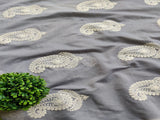 Gray White Paisleys Lakhnawi Embroidered Chanderi Fabric