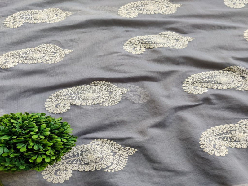 Gray White Paisleys Lakhnawi Embroidered Chanderi Fabric
