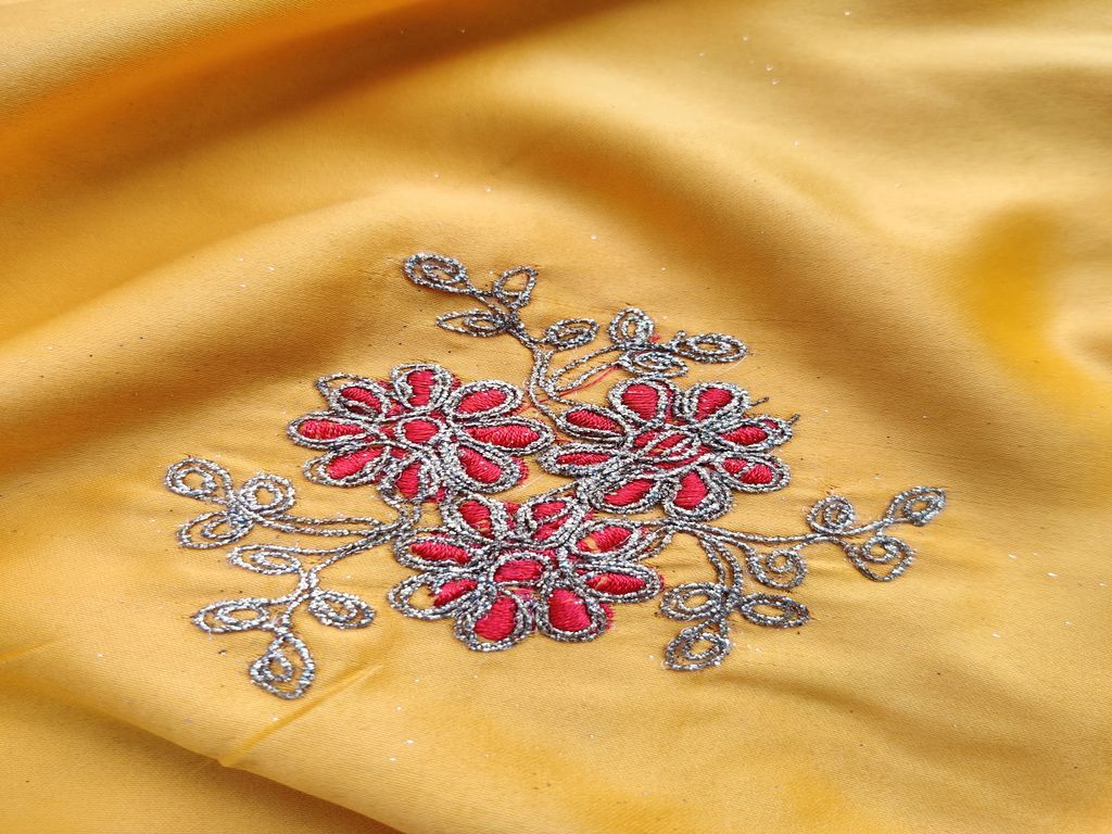 Yellow Red Flowers Embroidered Satin Fabric