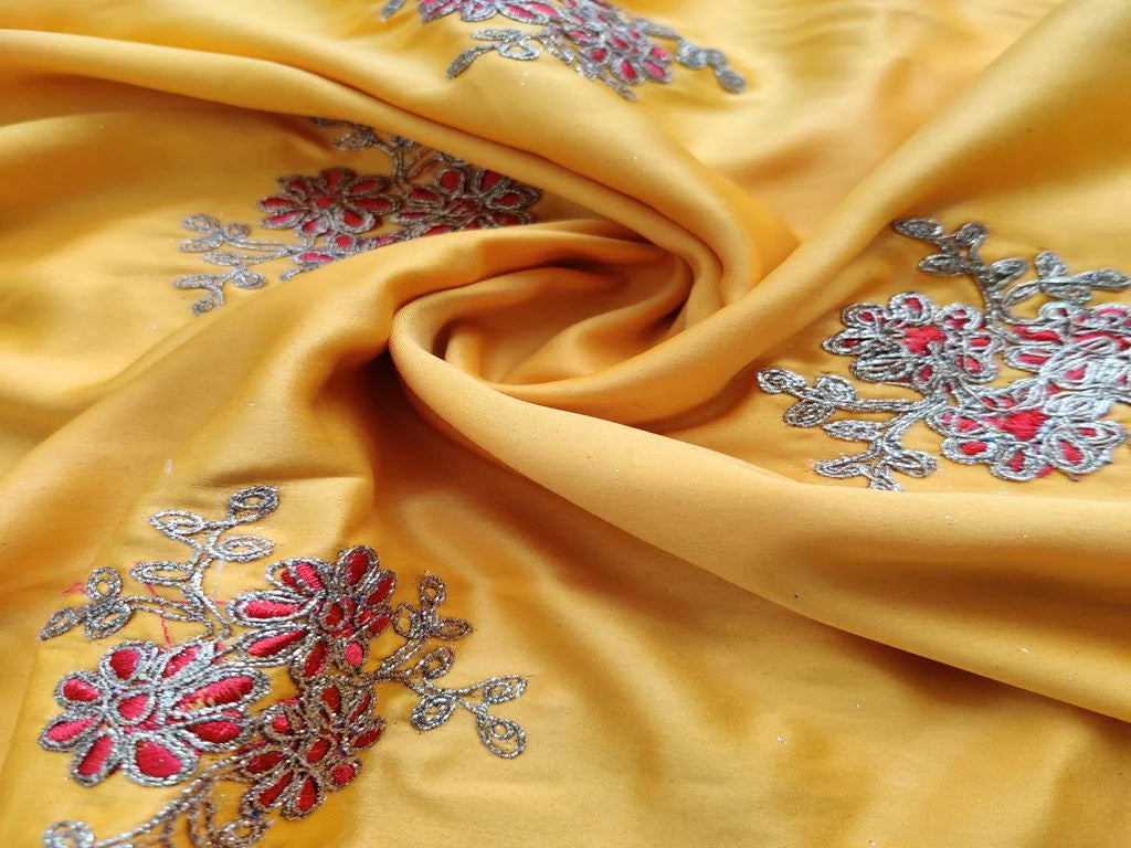 Yellow Red Flowers Embroidered Satin Fabric