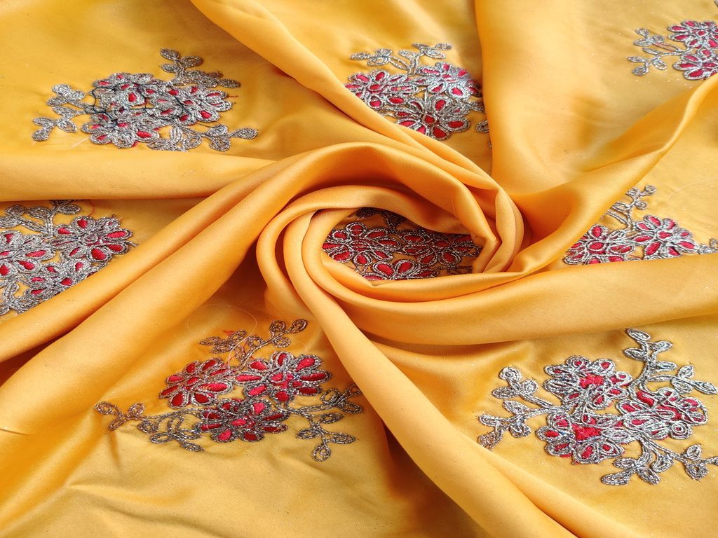 Yellow Red Flowers Embroidered Satin Fabric