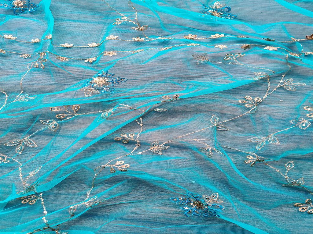 Sea Green Golden Floral Embroidered Mono Net Fabric