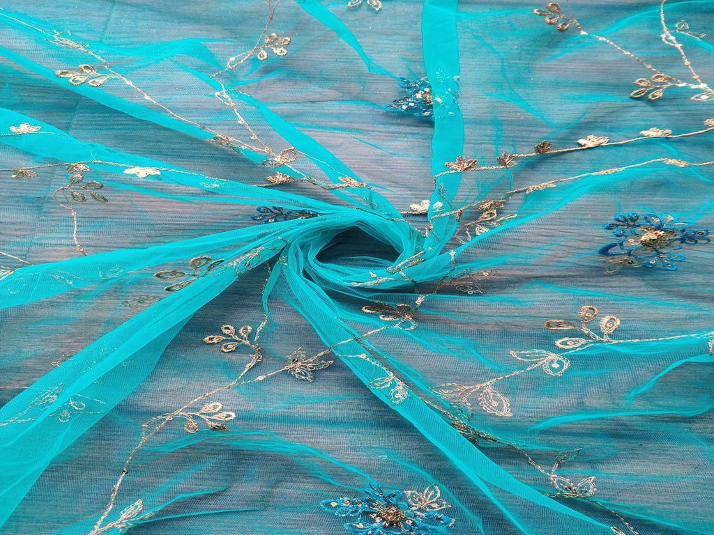 Sea Green Golden Floral Embroidered Mono Net Fabric