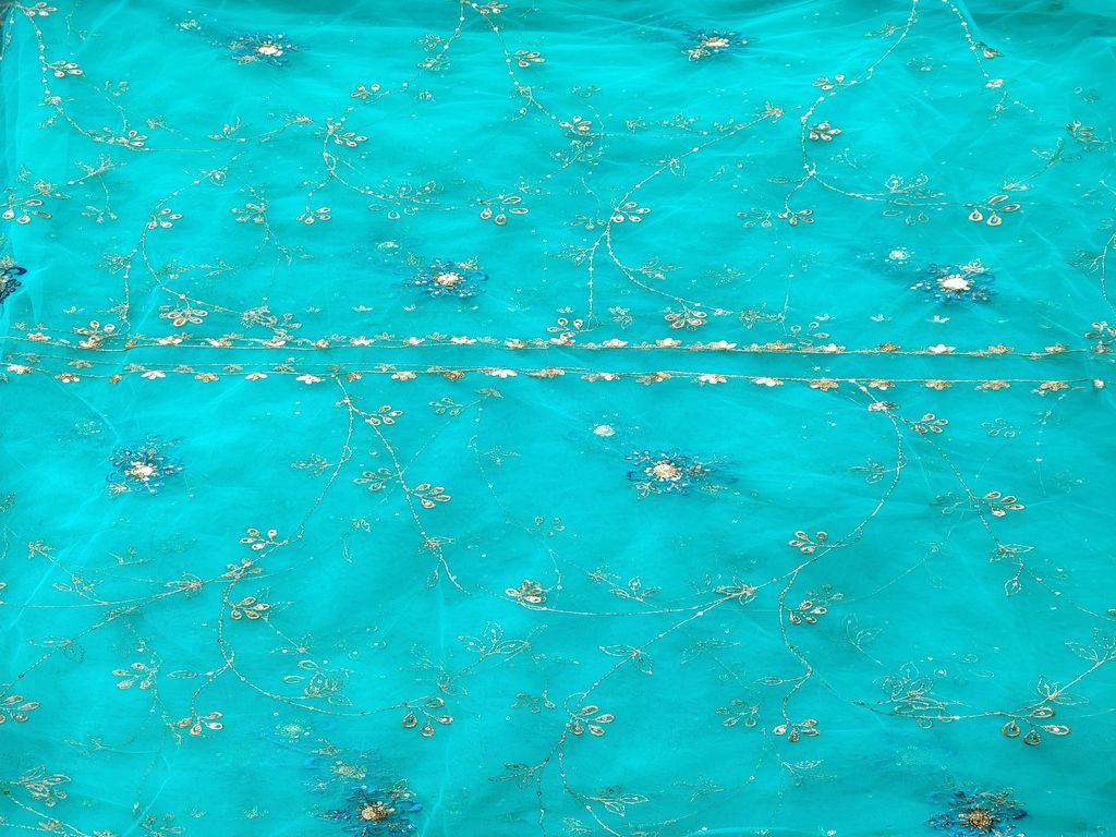 Sea Green Golden Floral Embroidered Mono Net Fabric