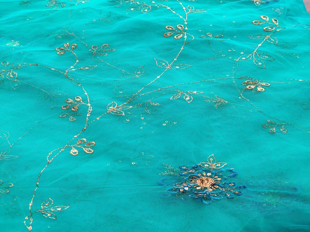 Sea Green Golden Floral Embroidered Mono Net Fabric