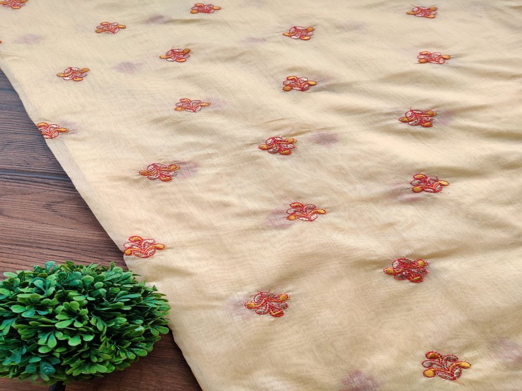 Yellow Motifs Embroidered Chanderi Fabric