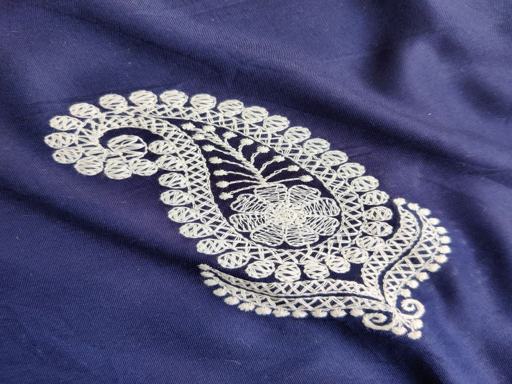 Navy Blue White Paisleys Lakhnawi Embroidered Rayon Fabric