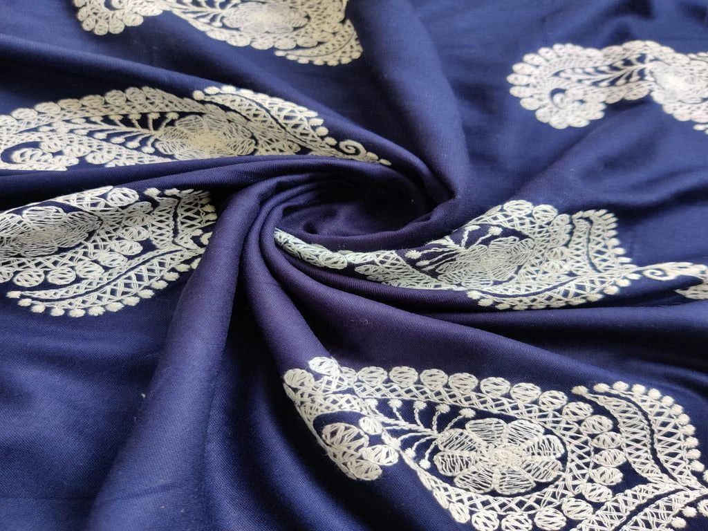 Navy Blue White Paisleys Lakhnawi Embroidered Rayon Fabric