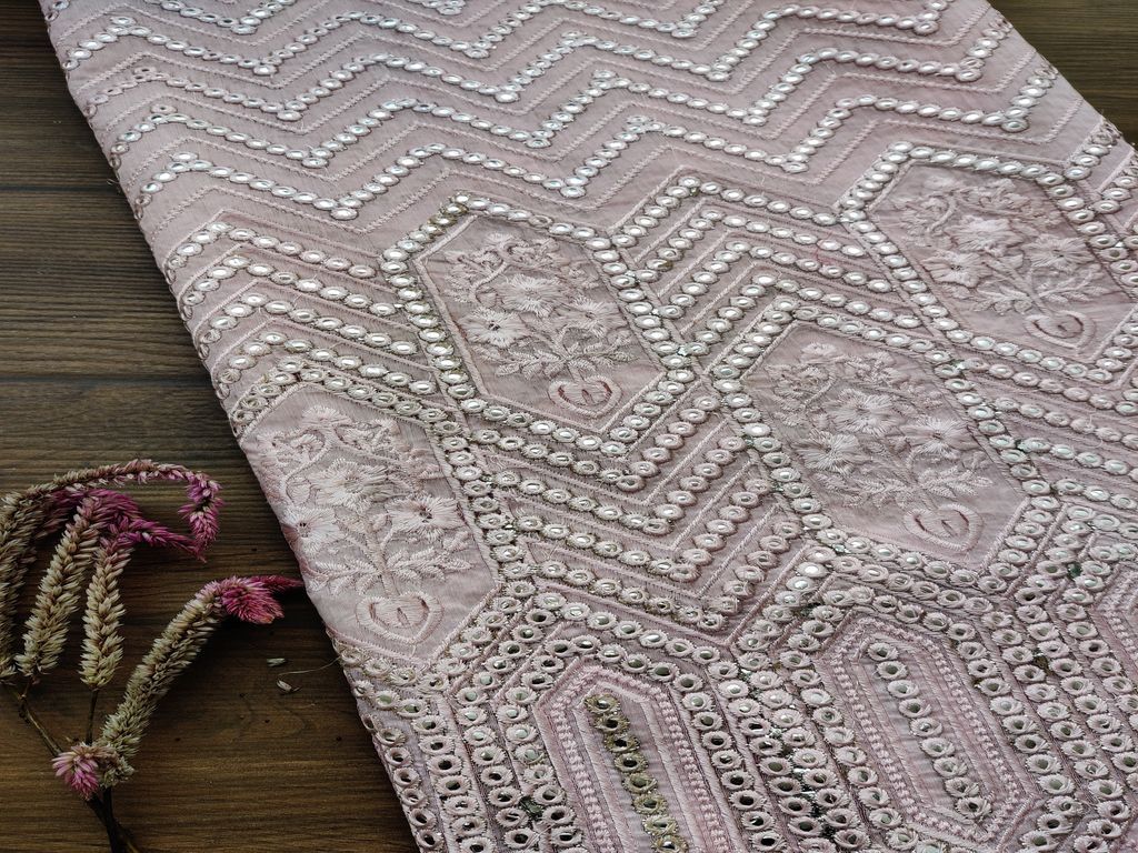 Baby Pink Geometric Mirror Work Embroidered Chanderi Fabric
