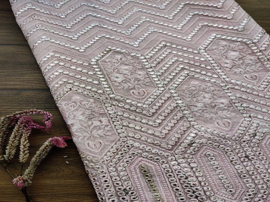Baby Pink Geometric Mirror Work Embroidered Chanderi Fabric