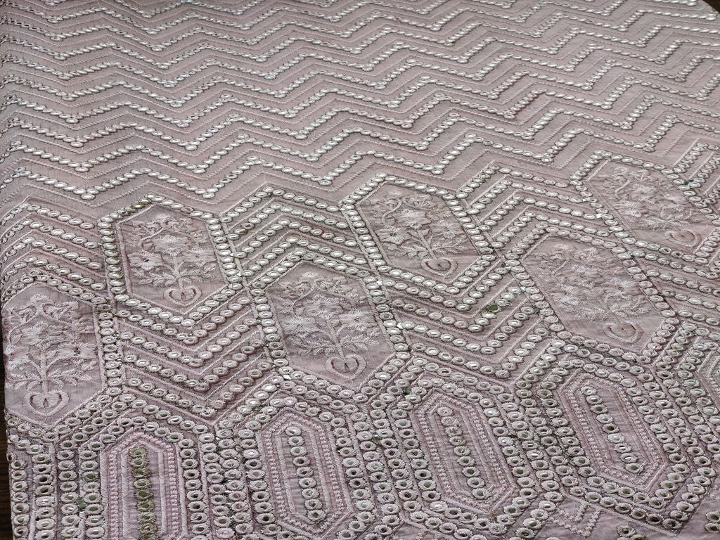 Baby Pink Geometric Mirror Work Embroidered Chanderi Fabric