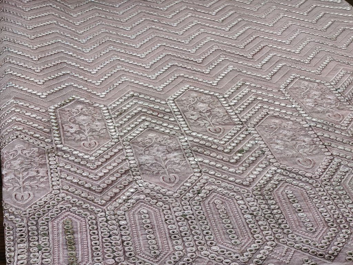 Baby Pink Geometric Mirror Work Embroidered Chanderi Fabric