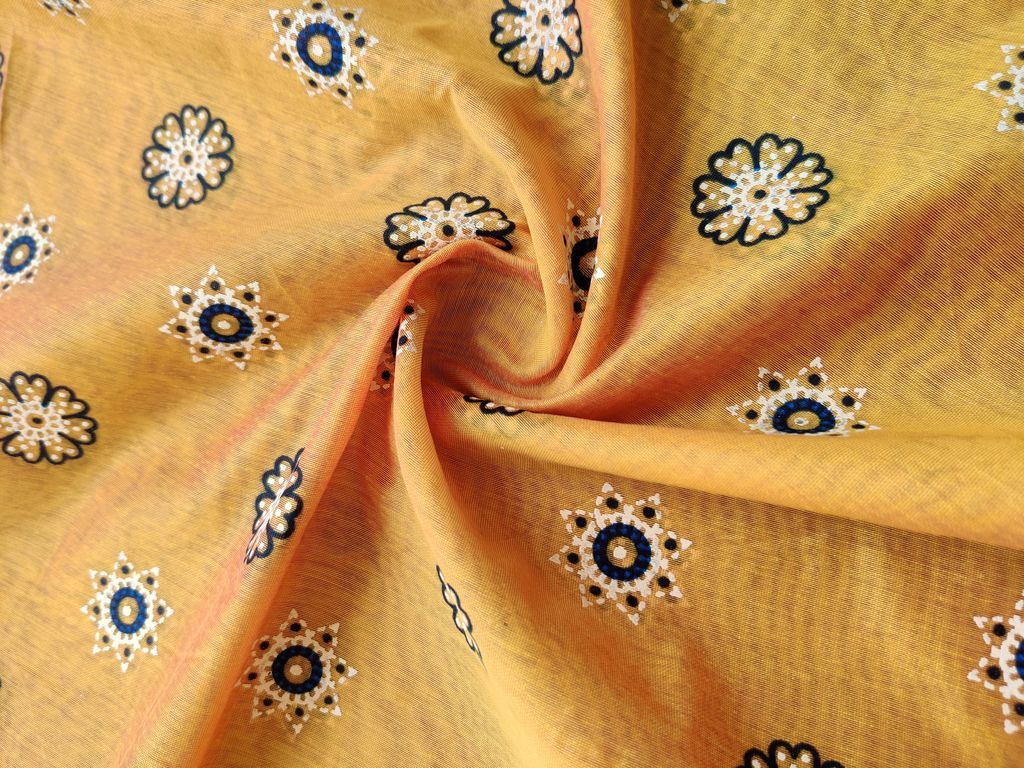 Yellow Black Flowers Printed Chanderi Fabric