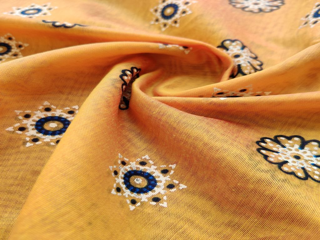 Yellow Black Flowers Printed Chanderi Fabric