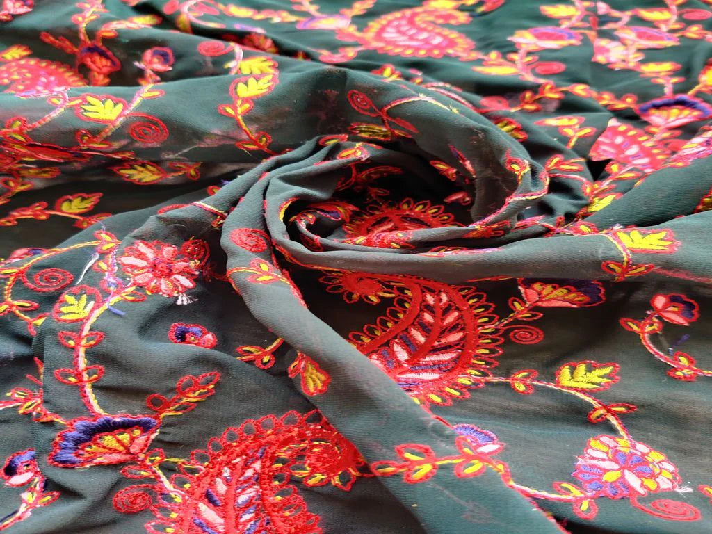 Green Flowers Kashmiri Work Embroidered Georgette Fabric