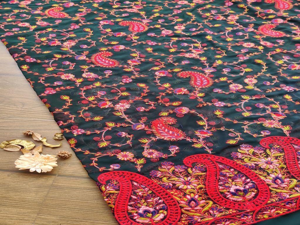 Green Flowers Kashmiri Work Embroidered Georgette Fabric