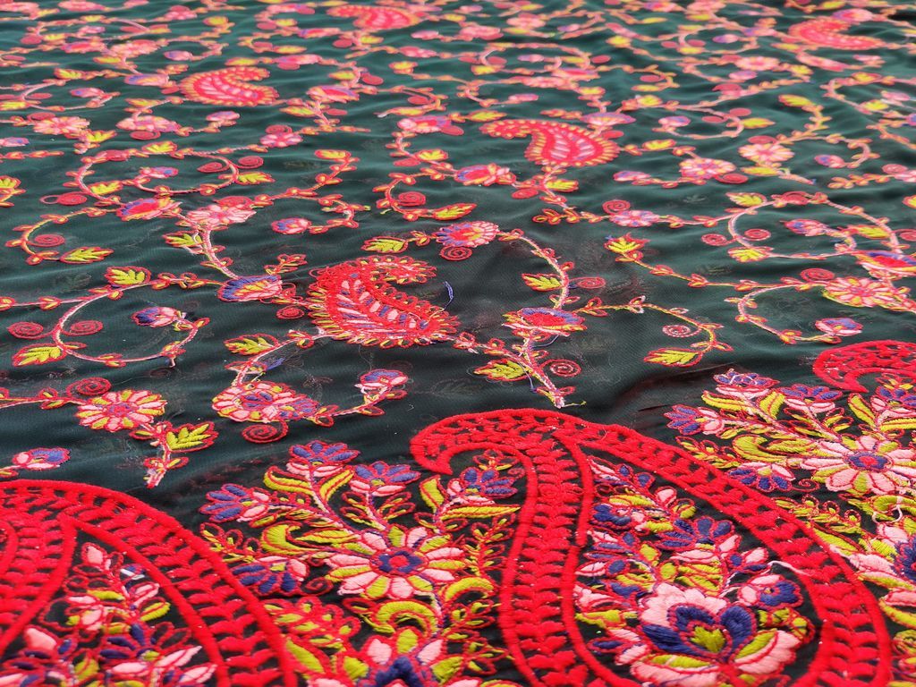 Green Flowers Kashmiri Work Embroidered Georgette Fabric