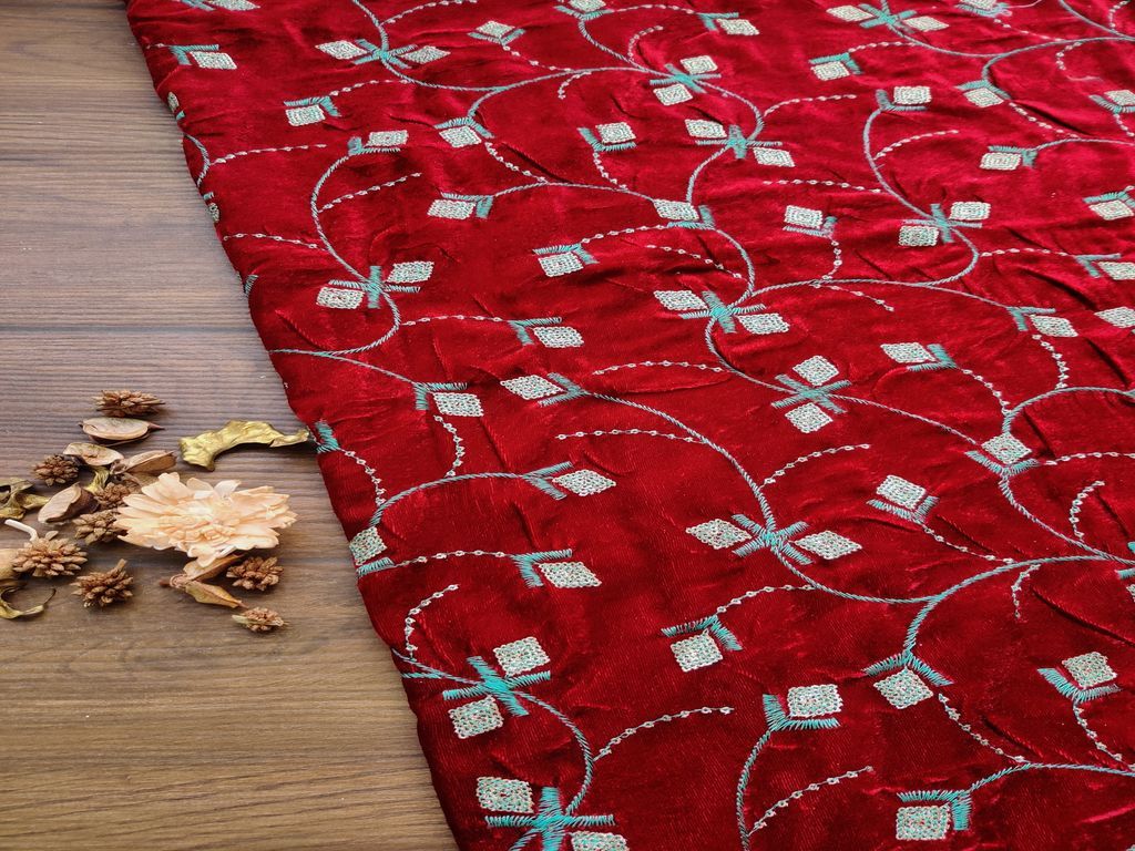 Maroon Sequins Flowers Embroidered Velvet Fabric